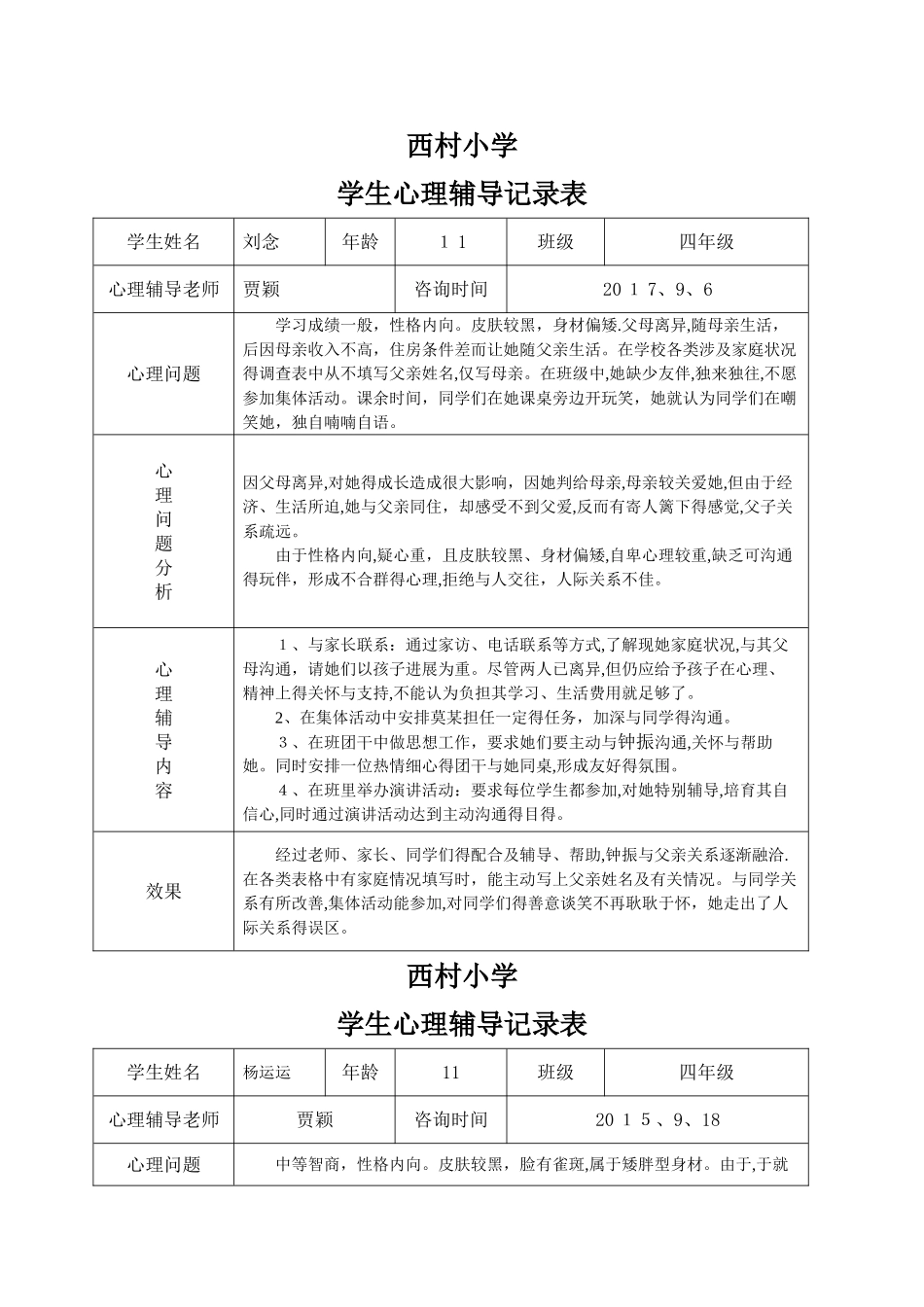2025-2025小学心理咨询记录表1_第1页