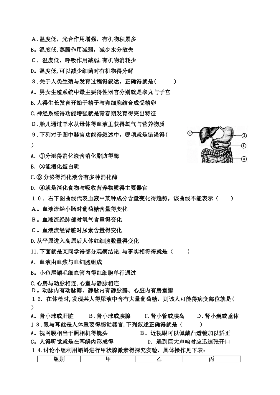 2025初中生物学业考试模拟试题含答案_第2页