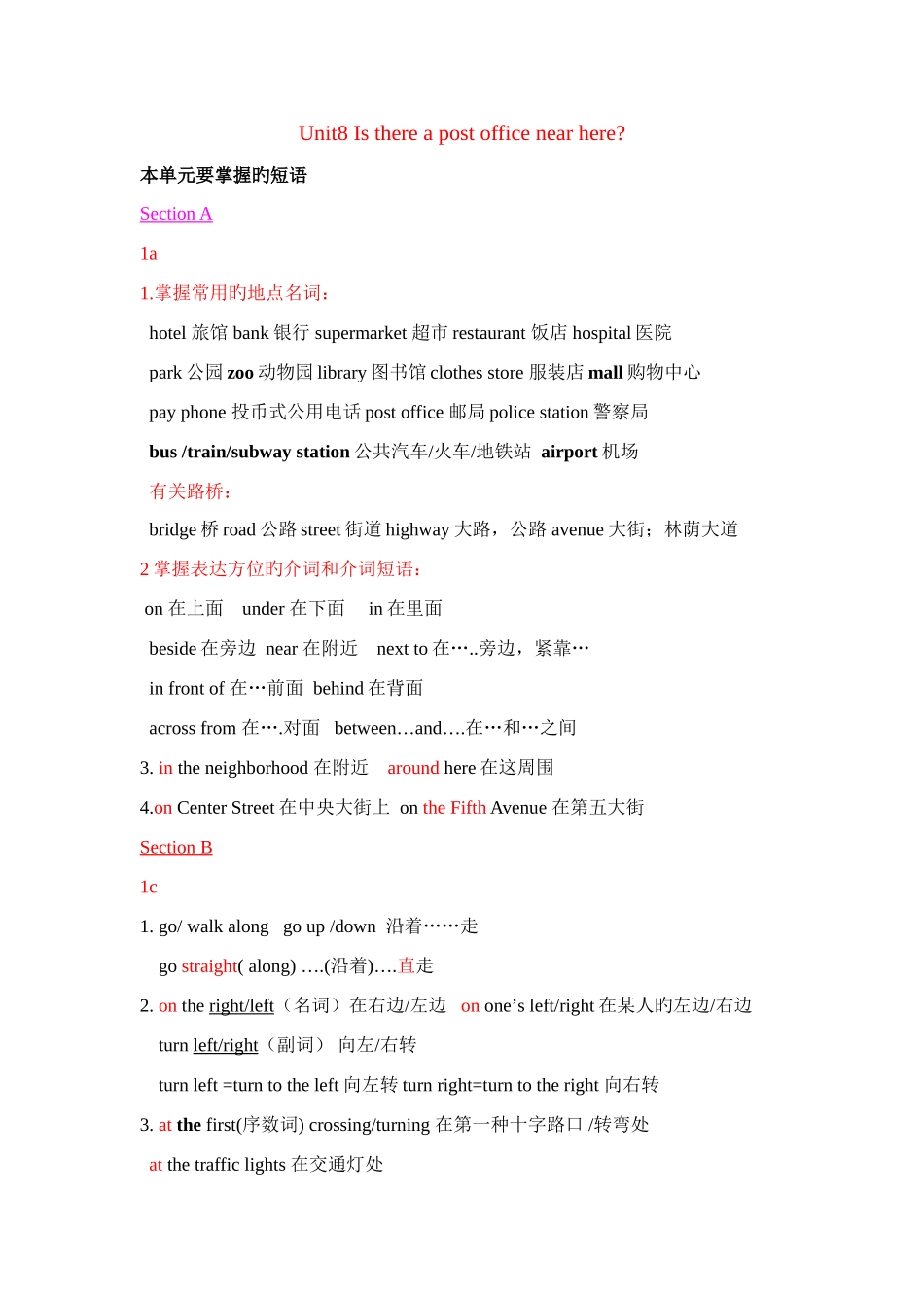 2025年Unit8Isthereapostofficenearhere知识点总结_第1页