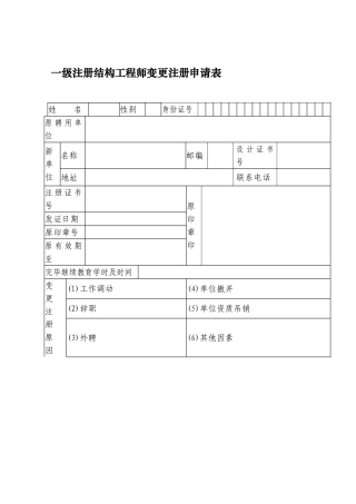 2025年一级注册结构工程师变更注册申请表