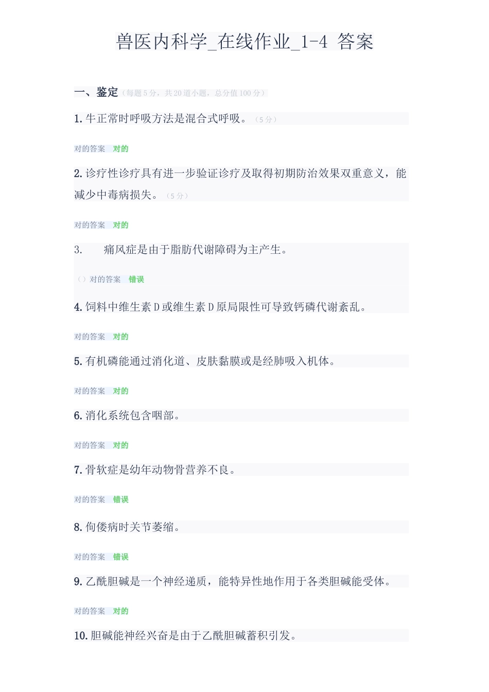 2025年中农大兽医内科学在线作业答案_第1页