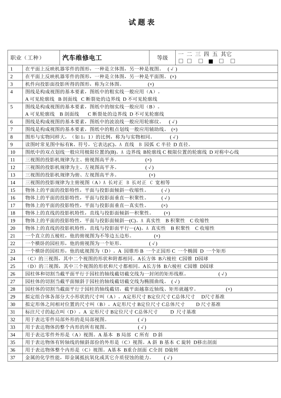 2025年中级汽车维修电工试题库_第1页