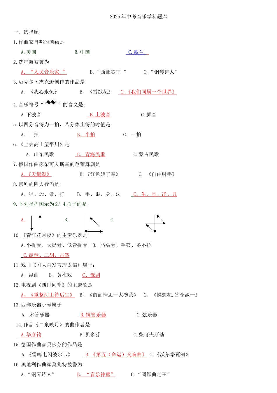 2025年中考艺术常识考试音乐题库_第1页