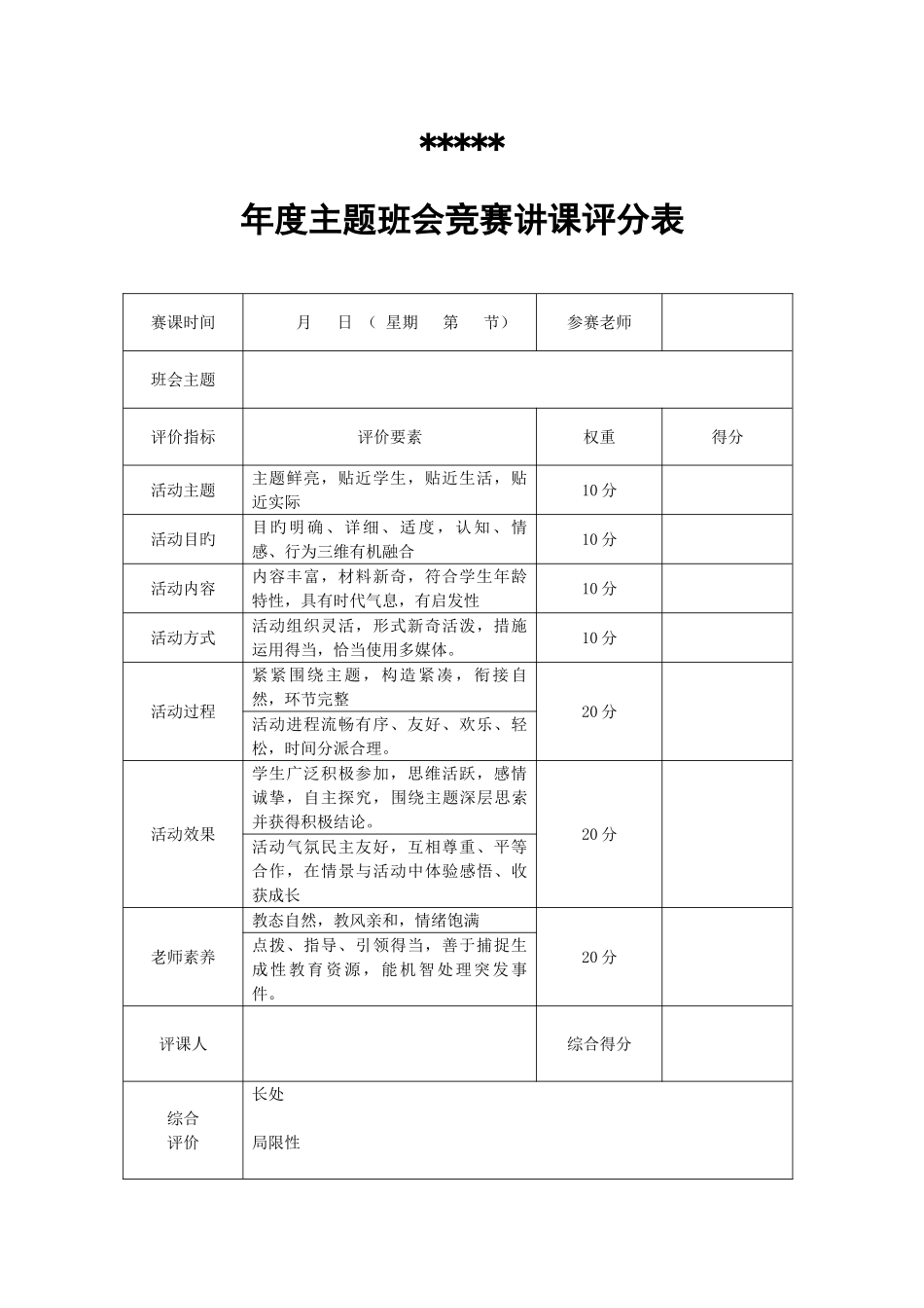 2025年主题班会竞赛评分表_第1页