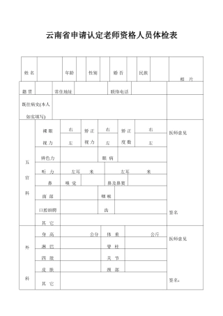 2025年云南申请认定教师资格人员体检表