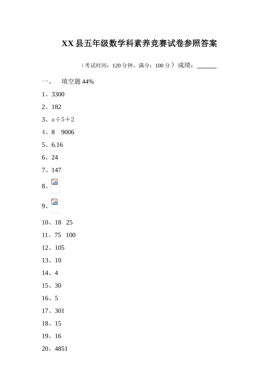 2025年五年级数学科素养竞赛试卷参考答案_第1页