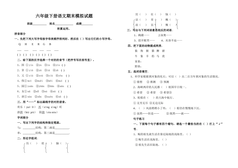 2025年六年级下册语文期末试卷之八_第1页