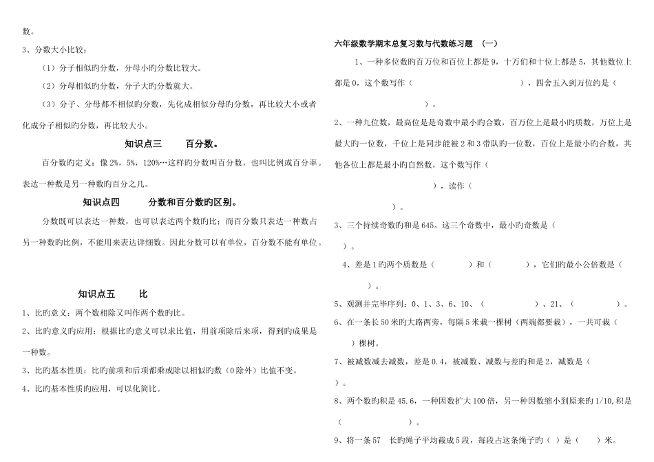 2025年六年级数学期末总复习数与代数知识点归纳及经典练习题_第3页