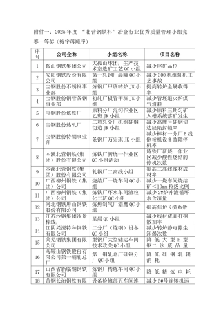 2025年北营钢铁杯冶金行业优秀质量管理小组竞赛一等奖