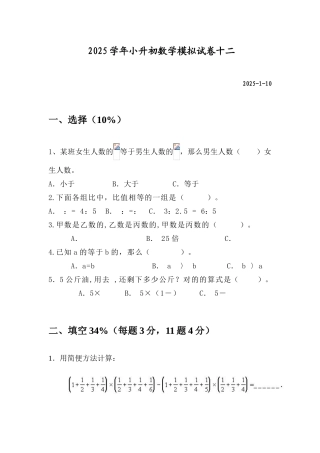 2025年小升初数学模拟试卷十二