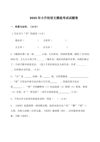 2025年小升初语文摸底试题卷