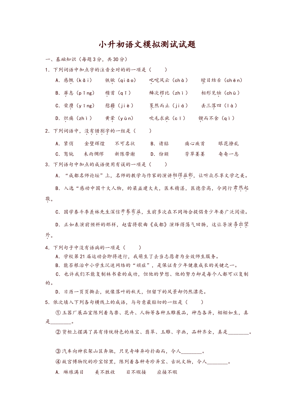 2025年小升初语文模拟测试试题及答案精编_第1页