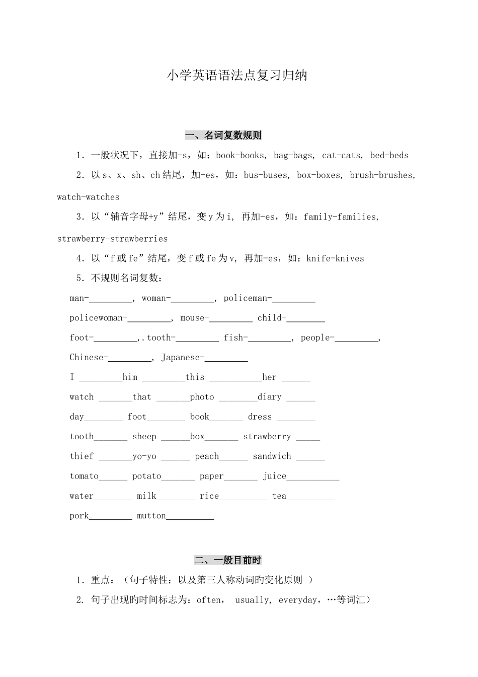 2025年小学六年级毕业英语语法复习要点归纳人教版_第1页