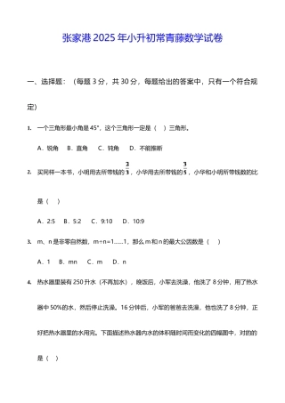 2025年张家港小升初常青藤数学试卷