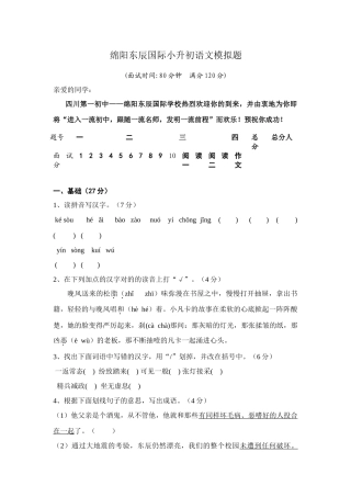 2025年绵阳东辰国际小升初语文模拟题