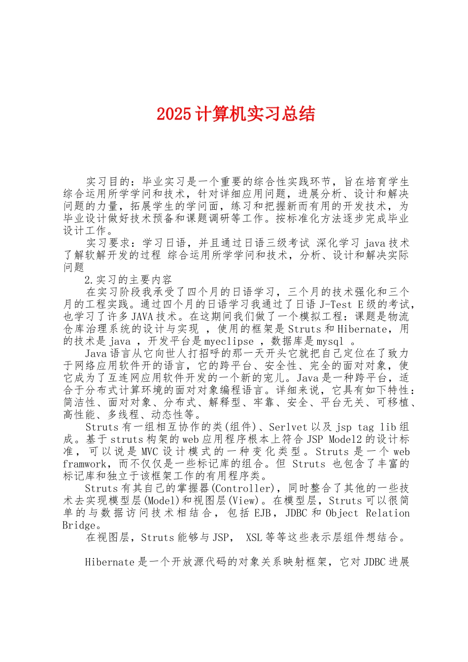 2025年计算机实习总结_第1页