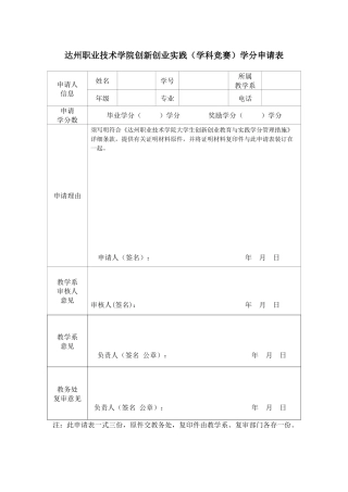 2025年达州职业技术学院创新创业实践学科竞赛学分申请表