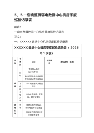 一套完整的弱电数据中心机房季度巡检记录表
