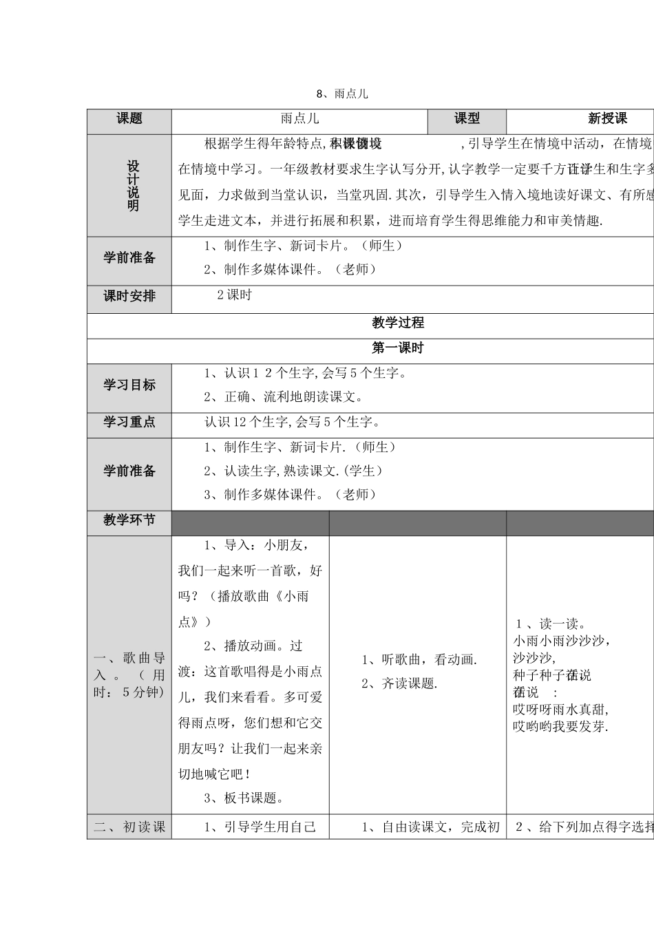 一年级上册语文教案8.雨点儿_人教（部编版）_第1页