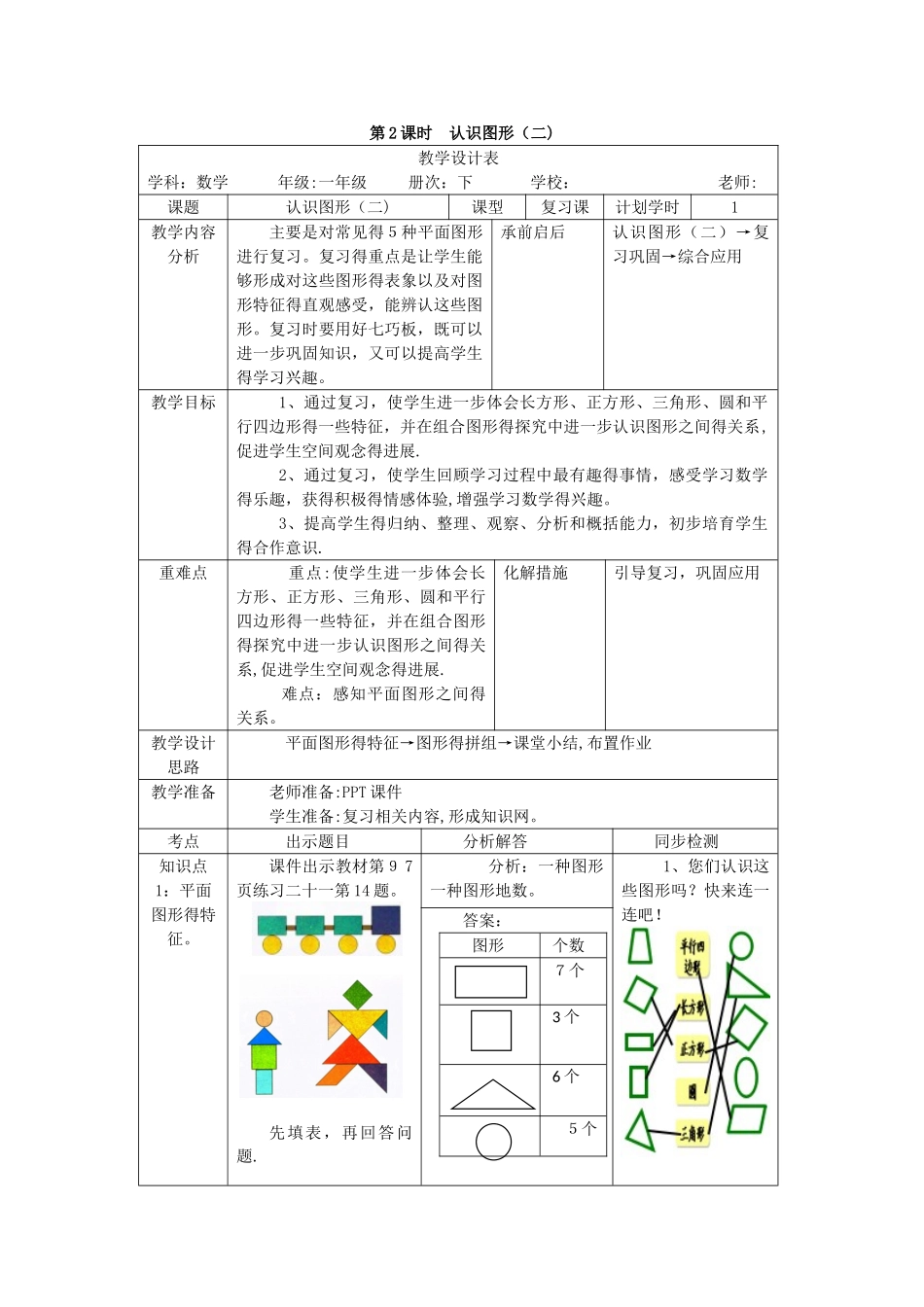 一年级下册数学教案第八单元 第2课时 认识图形（二）_人教新课标_第1页