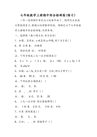 七年级数学上册期中综合检测卷（练习）