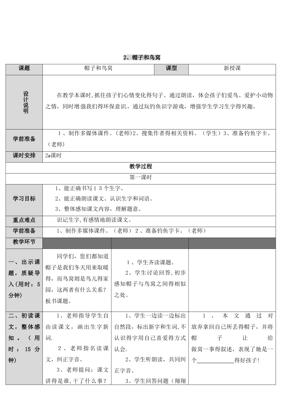 三年级上册语文导学案－2 帽子和鸟窝｜语文S版_第1页