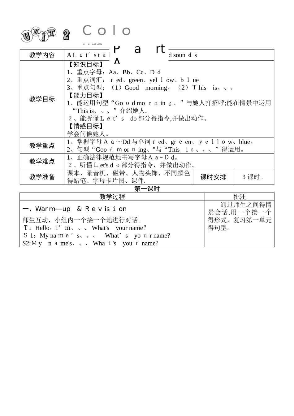 三年级上英语教案Unit 2 colours  人教_第1页