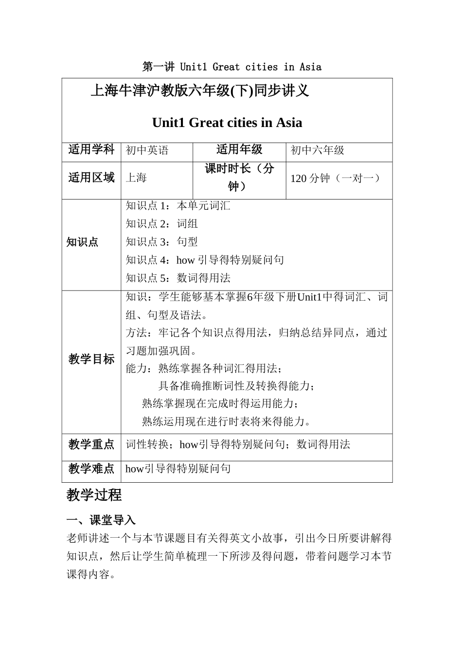 上海牛津沪教版六年级同步讲义unit1_第1页