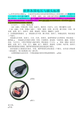 世界各国电压和插头标准