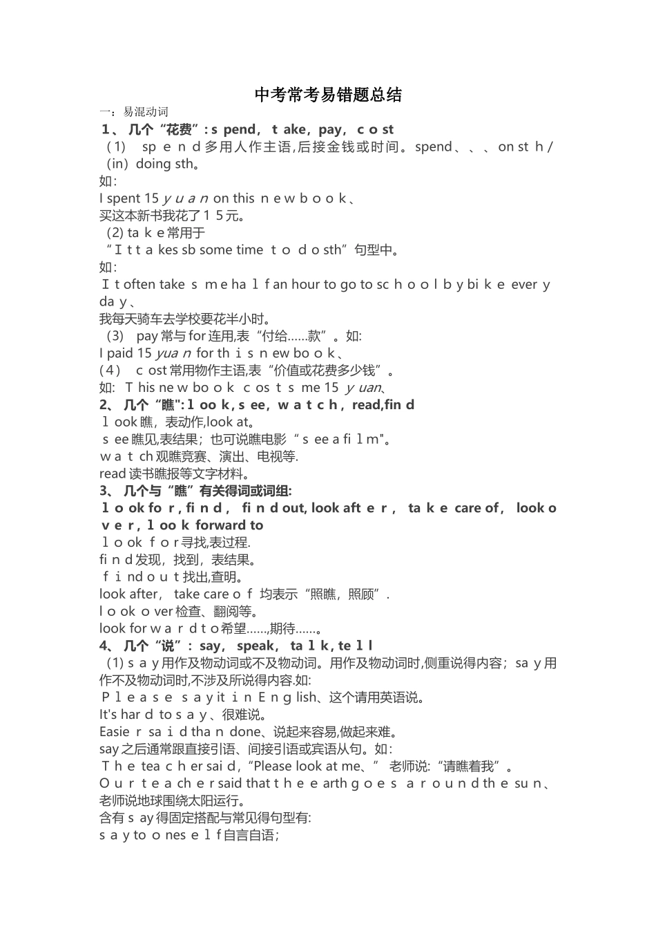 中考英语常考易错知识点_第1页