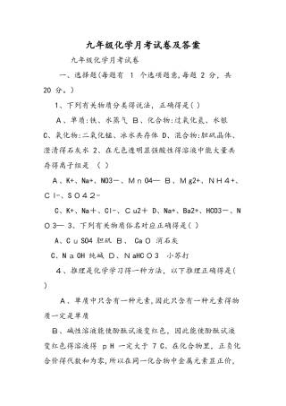 九年级化学月考试卷及答案