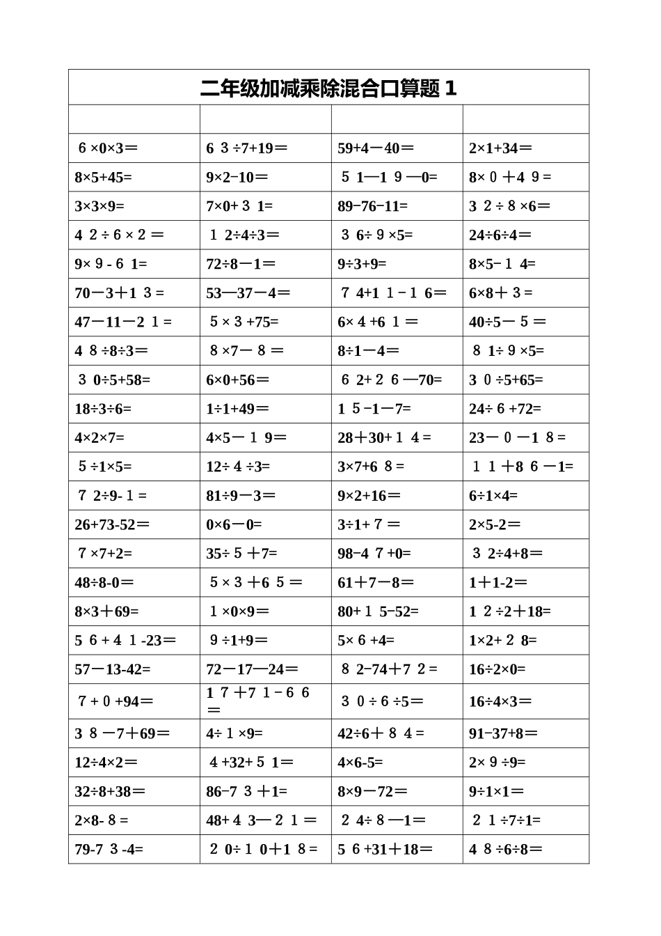 二年级上册加减乘除混合口算_第1页