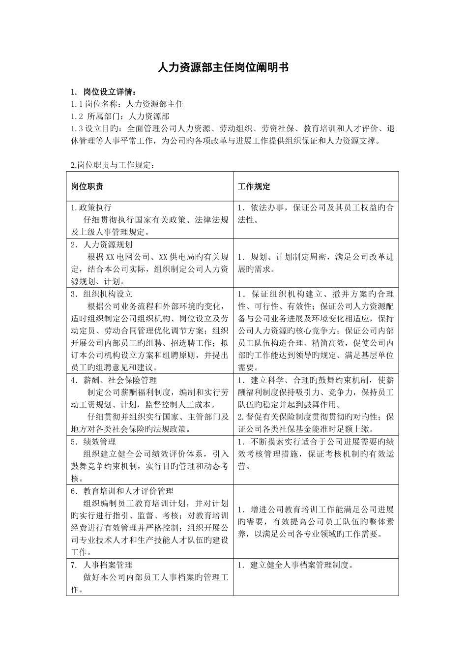 人力资源部主任工作标准及岗位说明书_第3页
