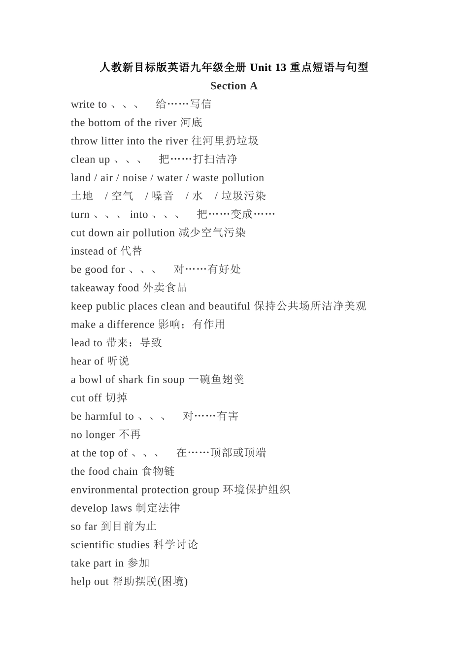 人教新目标版英语九年级全册 Unit 1重点短语和句型_第1页
