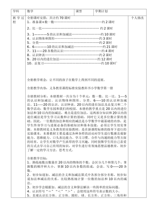 人教版一年级上册数学全册教案表本科学位论文