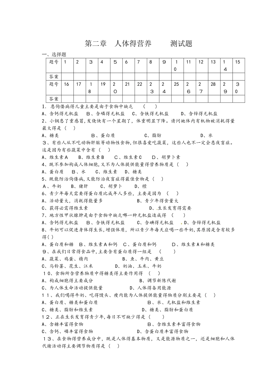 人教版七年级生物下册第二章人体的营养测试卷1_第1页