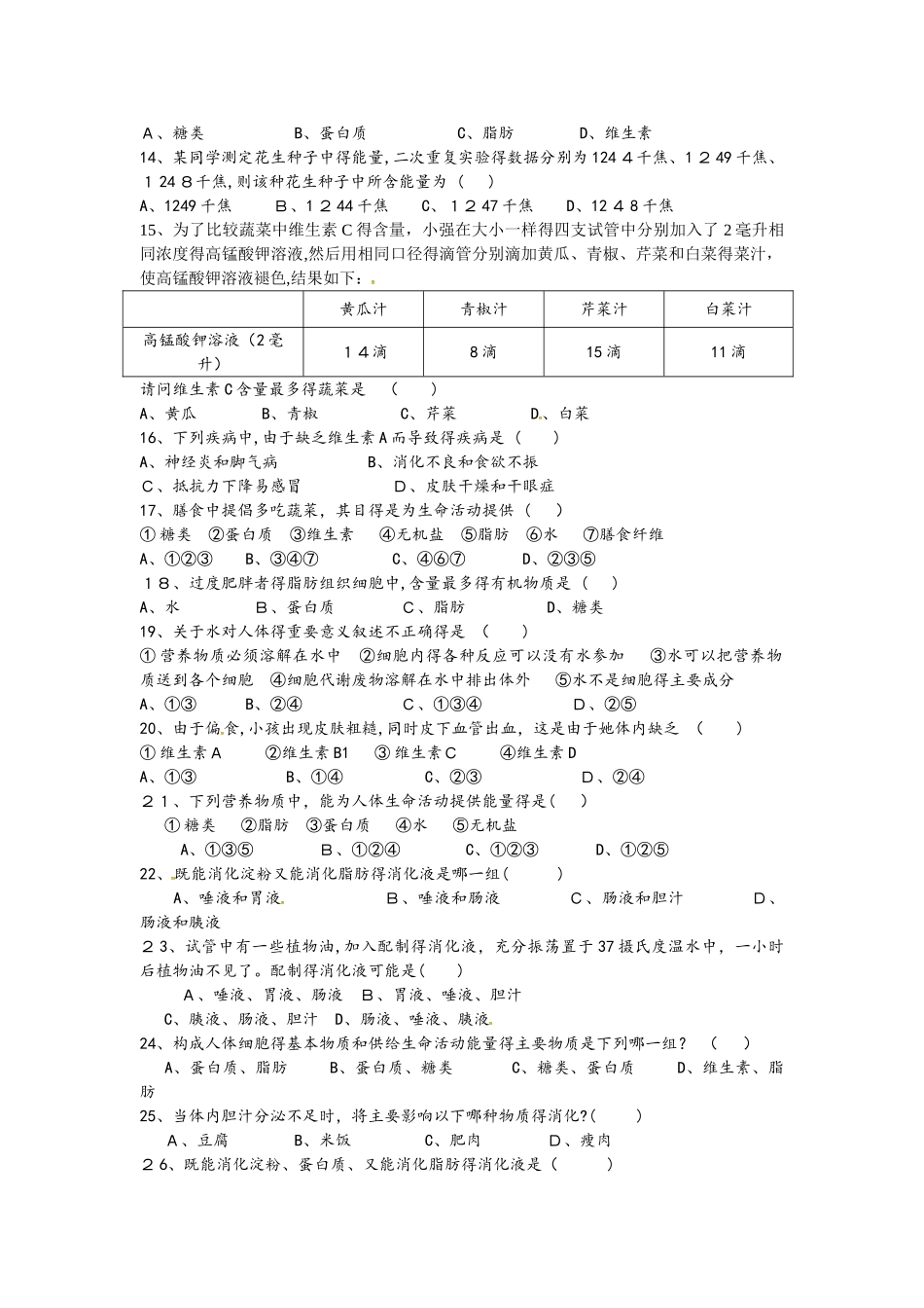 人教版七年级生物下册第二章人体的营养测试卷1_第2页