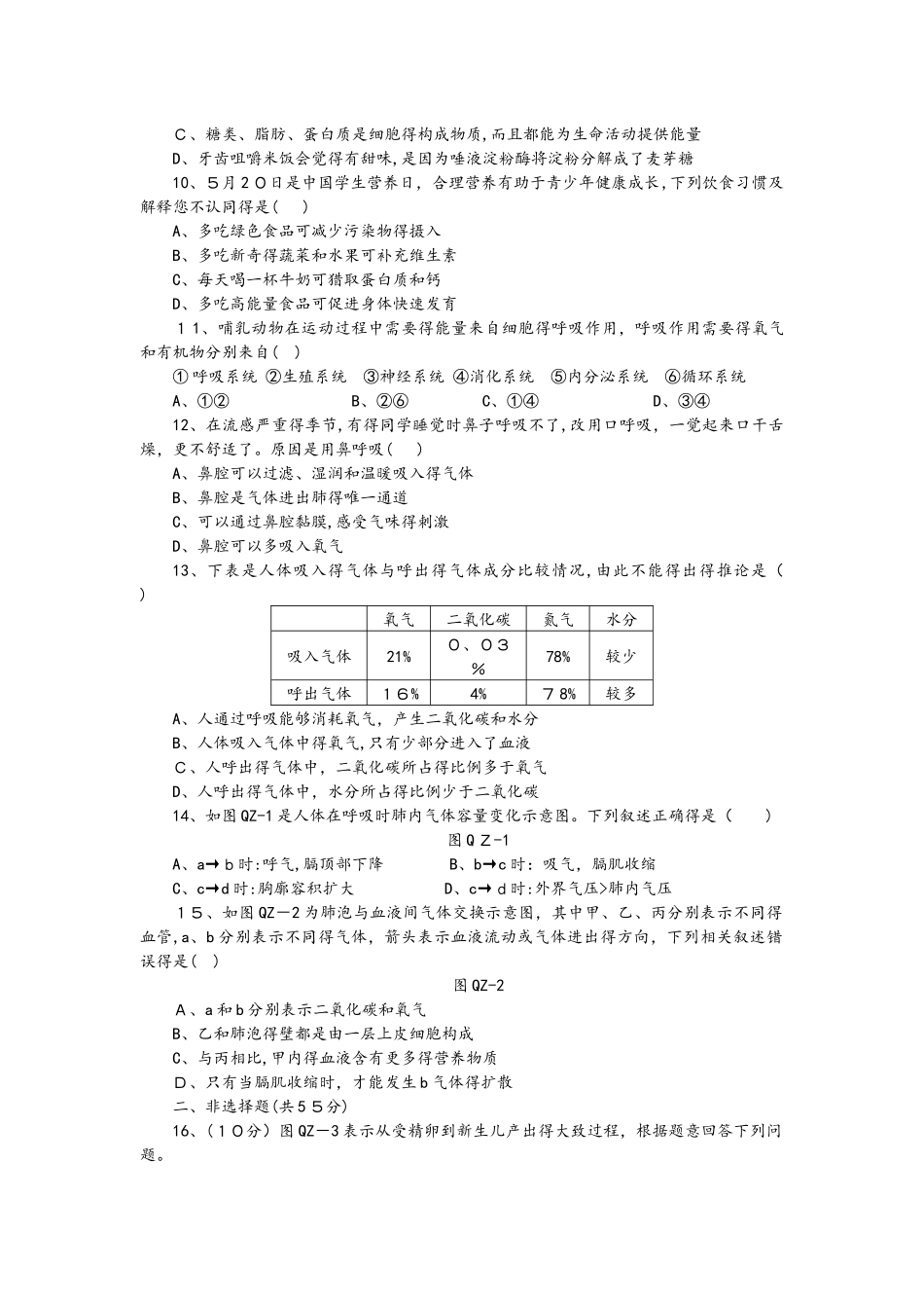人教版七年级生物下册第四单元　第一、二、三章综合练习题（解析版）_第2页