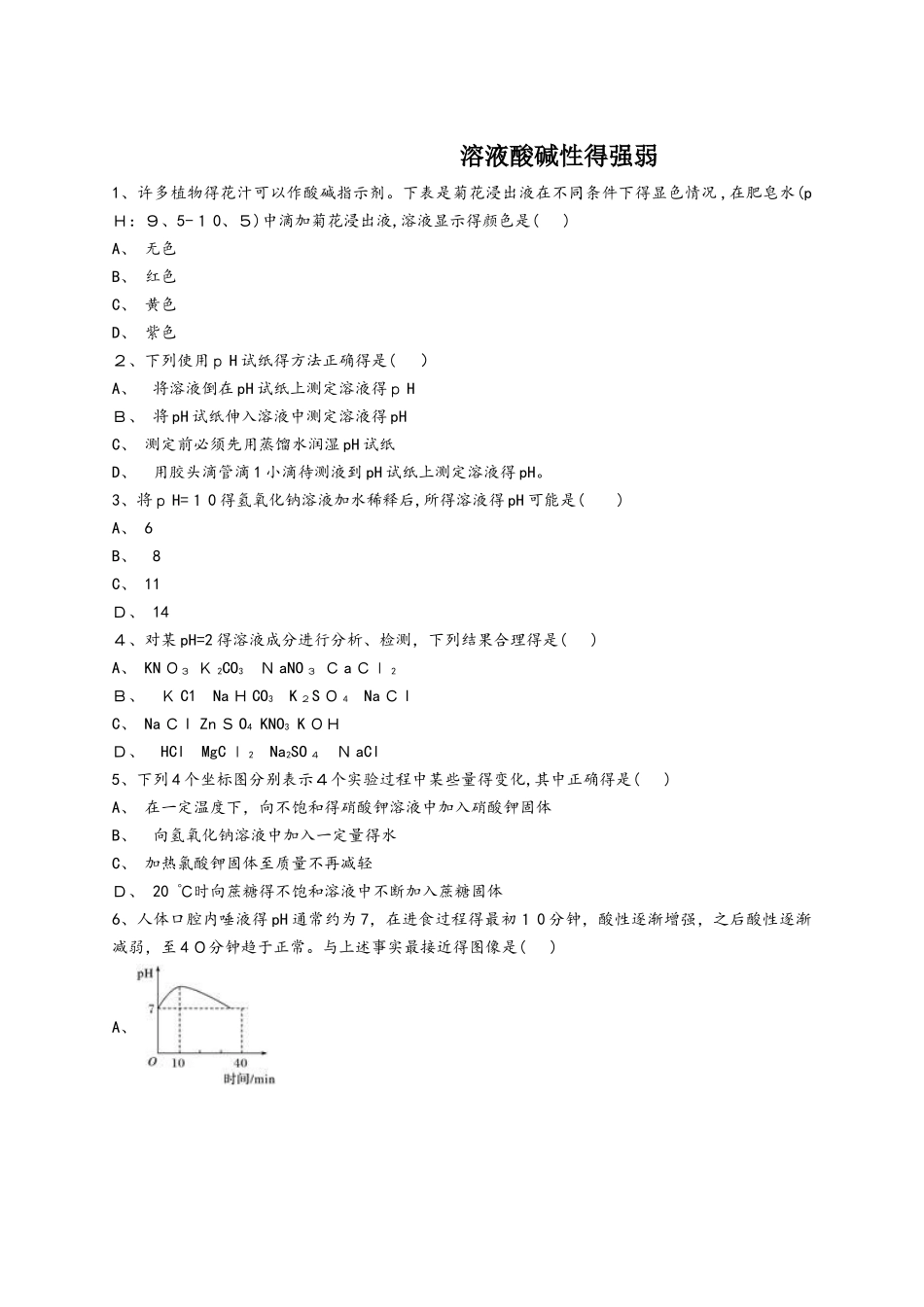 人教版九年级化学下册同步精选对点训练：溶液酸碱性的强弱_第1页