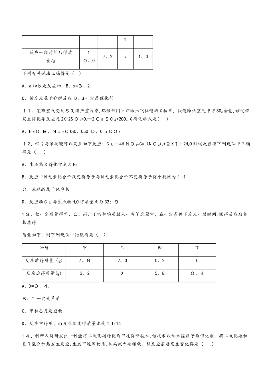 人教版九年级化学第五单元化学方程式综合测试题（无答案）_第3页
