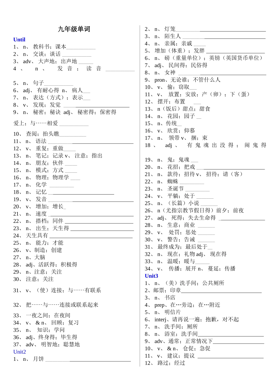 人教版九年级英语中文单词表_第1页