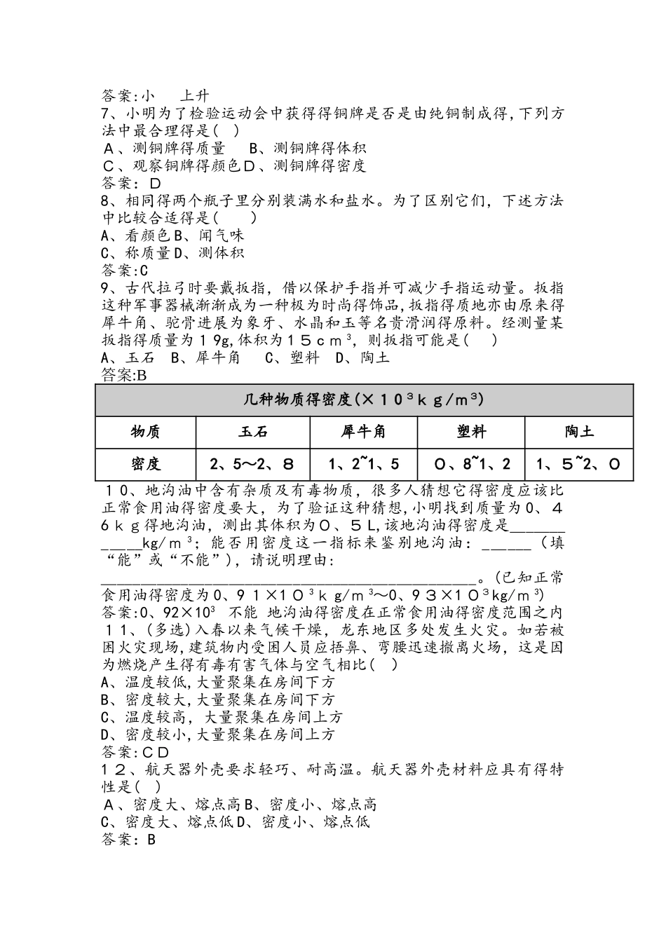 人教版八年级上册第六章第4节 密度与社会生活 同步测试_第2页