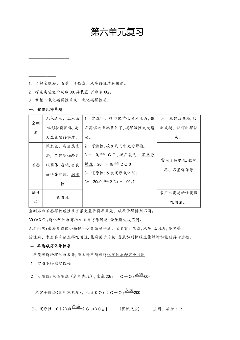 人教版初三化学（上）第六单元 碳和碳的氧化物 复习总结（含答案解析）_第1页