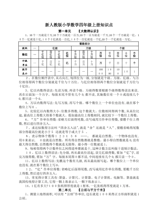 人教版小学四年级数学上册知识点归纳总结