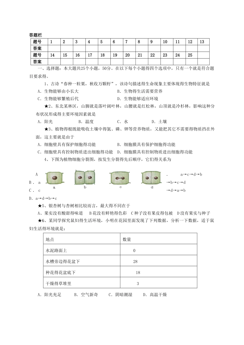 人教版生物中考模拟试题_第1页