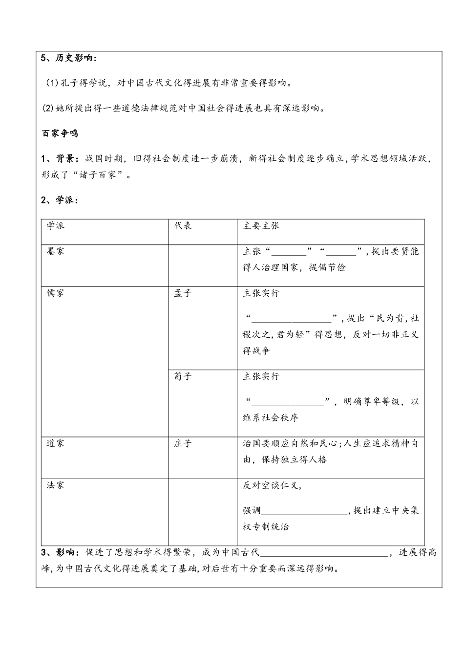 人教部编七年级历史上册第8课《百家争鸣》导学案（无答案）_第2页