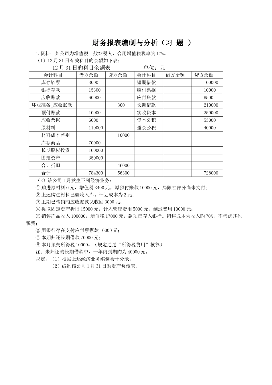会计报表编制与分析学生习题含答案_第1页