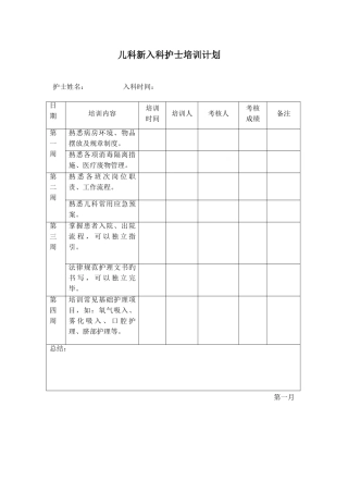 儿科新入科护士培训计划