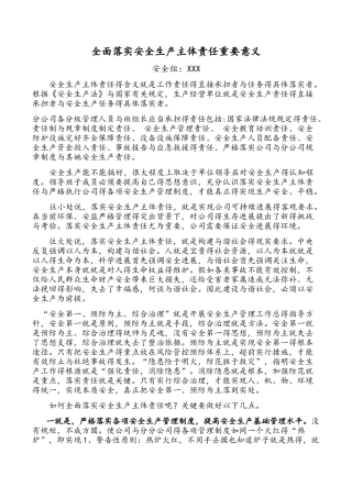 全面落实安全生产主体责任重要意义