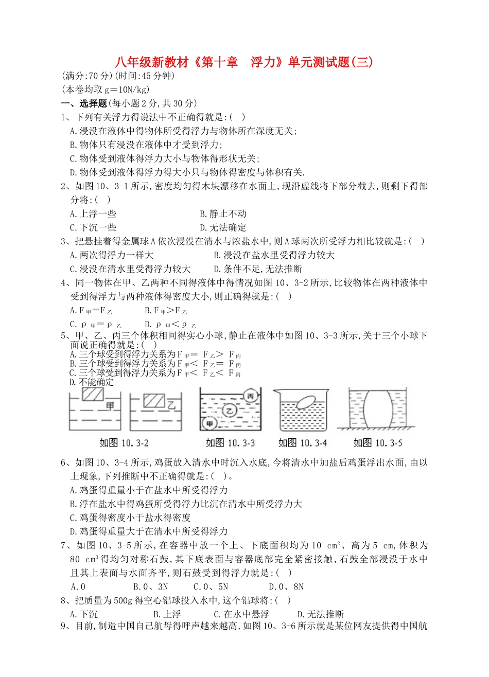 八年级物理下册《第十章__浮力》单元综合测试题(新版)新人教版_第1页